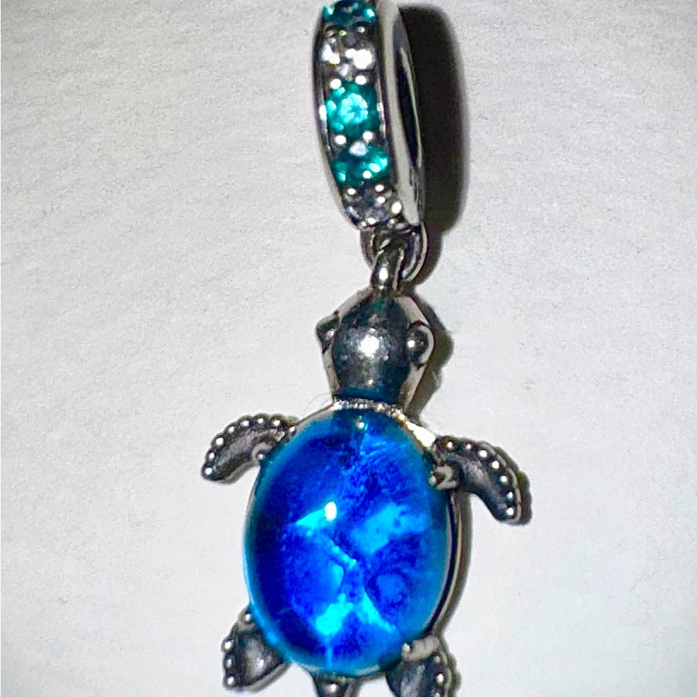 Blue Turtle Pendant Charm Necklace - Sterling Silver Finish